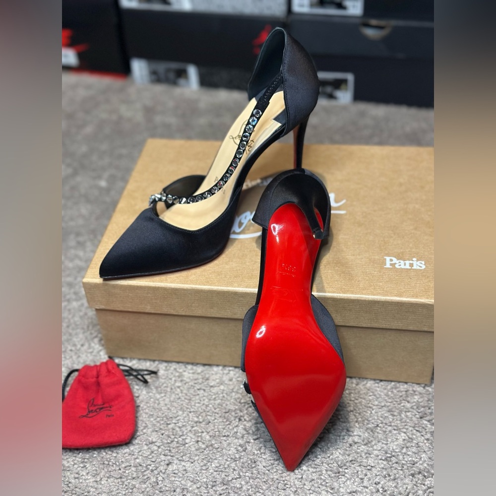 Christian Louboutin Black Satin Heels with Crystal Embellishments